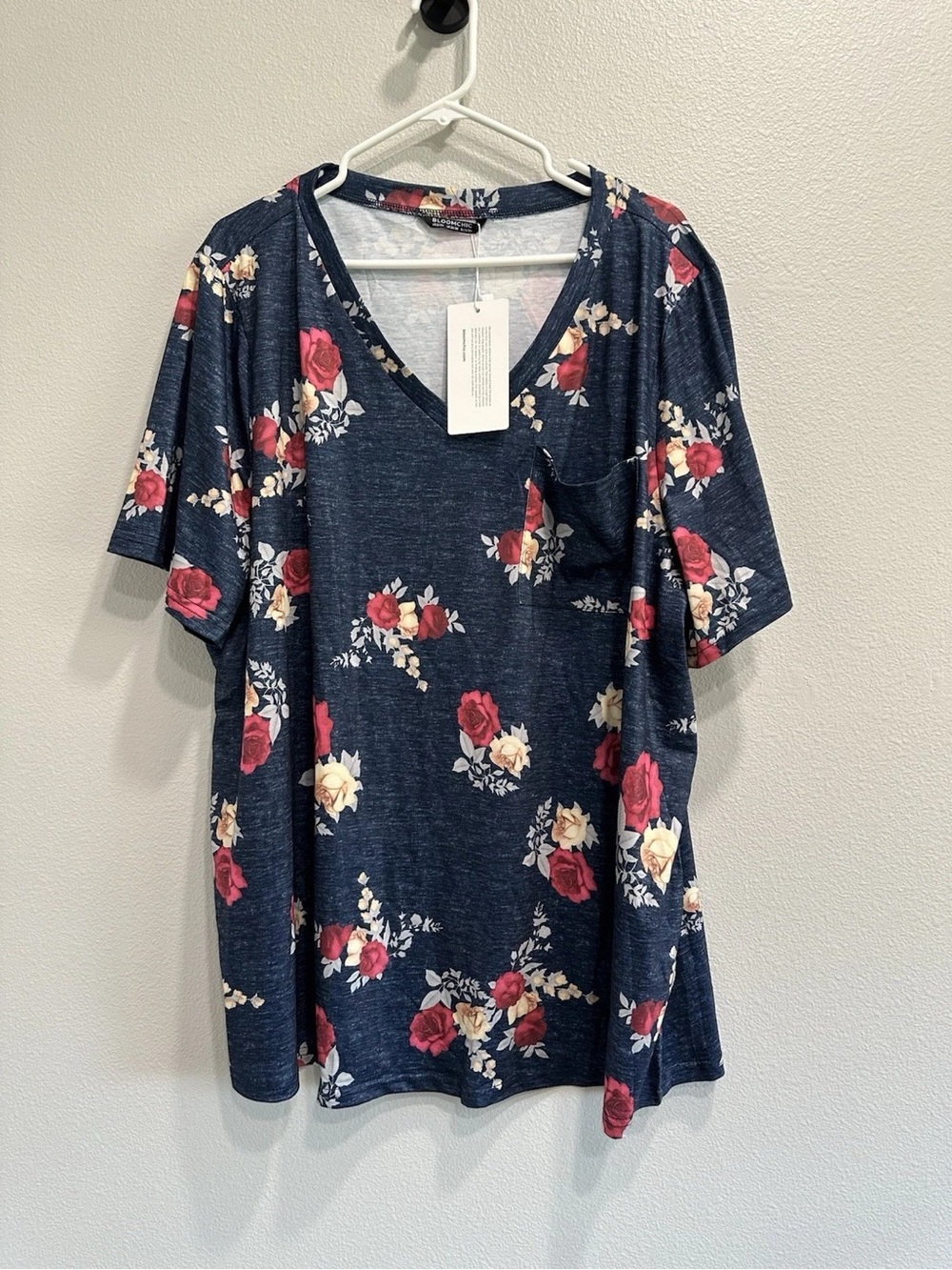 BloomChic Navy V-Neck Pocket Tee with Red & Cream Floral Print
